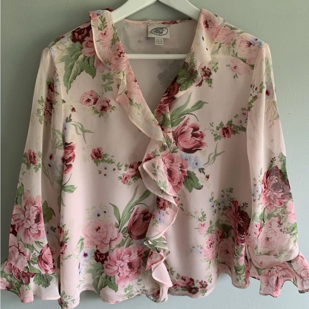 Laura Ashley Pink Floral Ruffle Silk Blouse - Picture 4 of 8